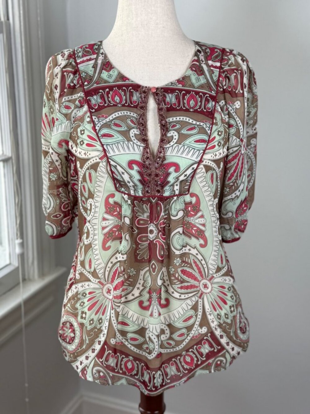 Sheer Chiffon Paisley Peasant Top Medium 3/4 Dolman Sleeve Boho Chic Fairy